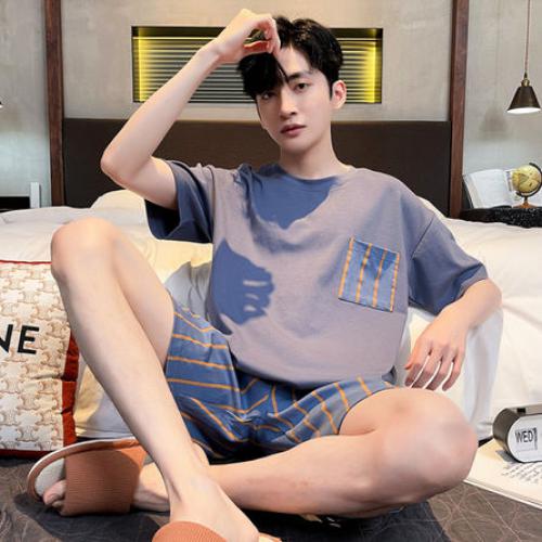 睡衣男夏季棉质短袖短裤休闲圆领高级感睡衣大码家居服套装可外穿
