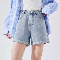 唐狮夏季新款浅色卷边女韩版宽松显瘦牛仔高腰五分短裤in潮